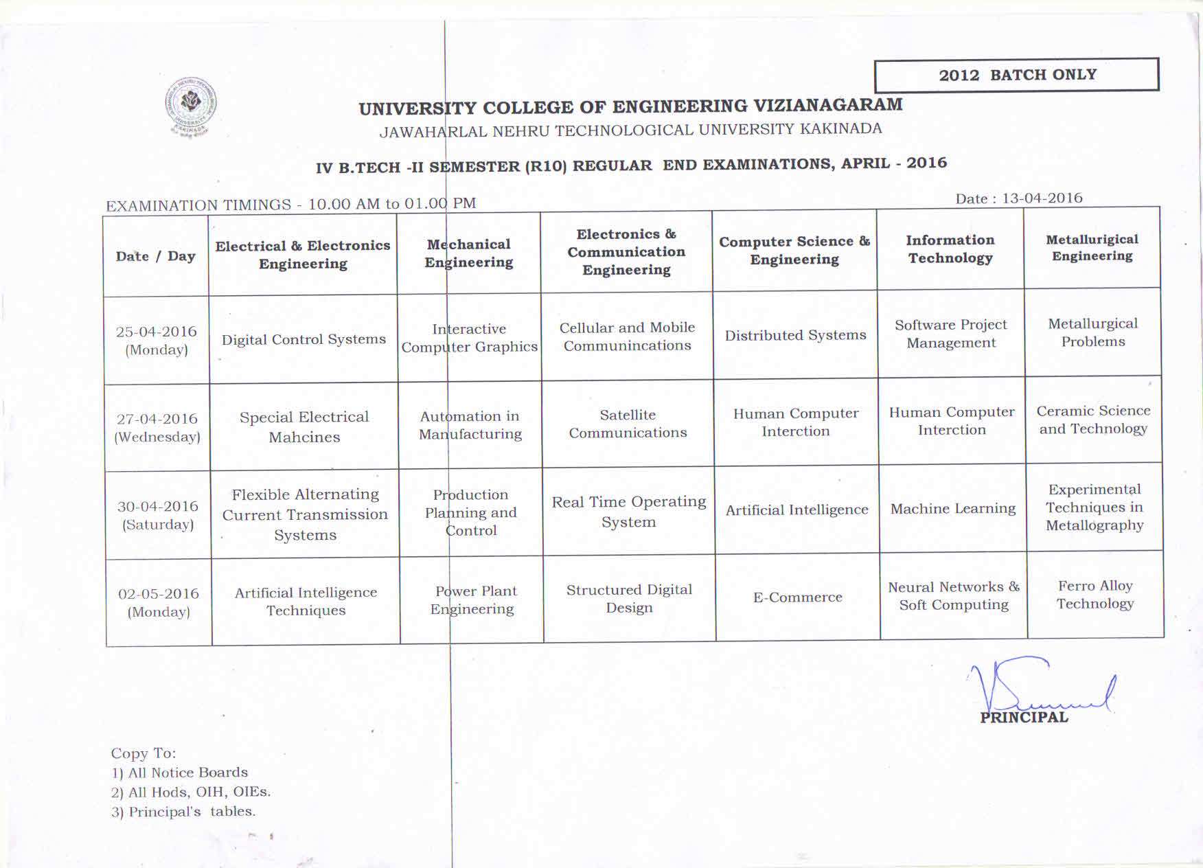 IV B.Tech II Semester Regular R10 End Examinations Time Table