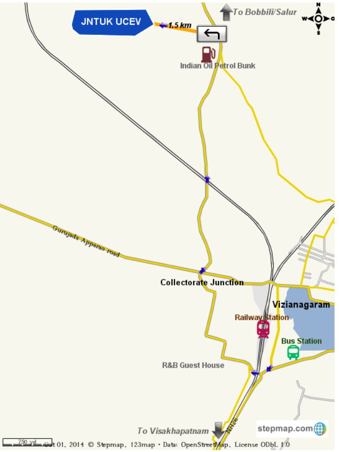 Directions map showing route from Vizianagaram to JNTUK UCEV campus